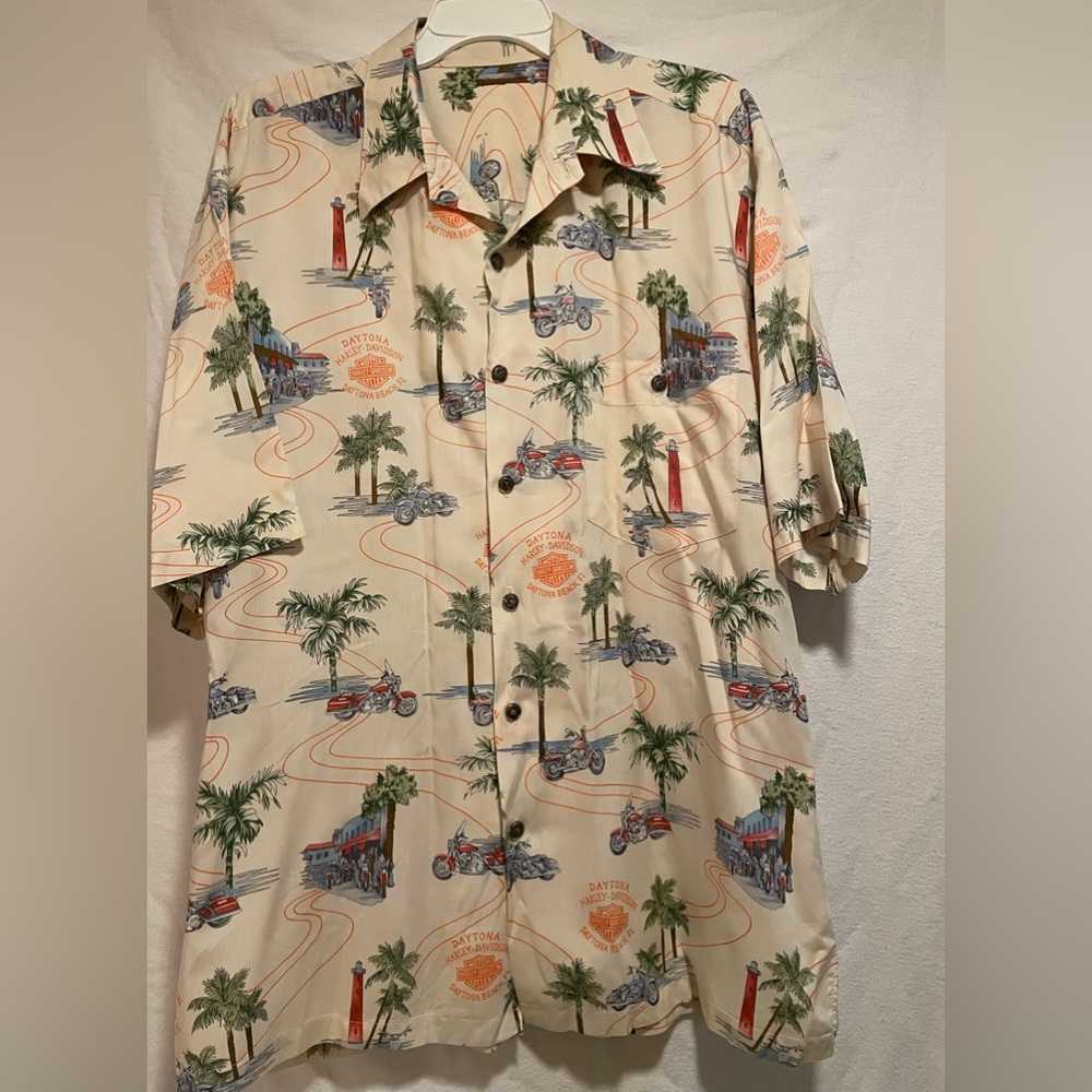 Harley-Davidson Cream Tropical Daytona Beach Motorcycle Print Camp Shirt